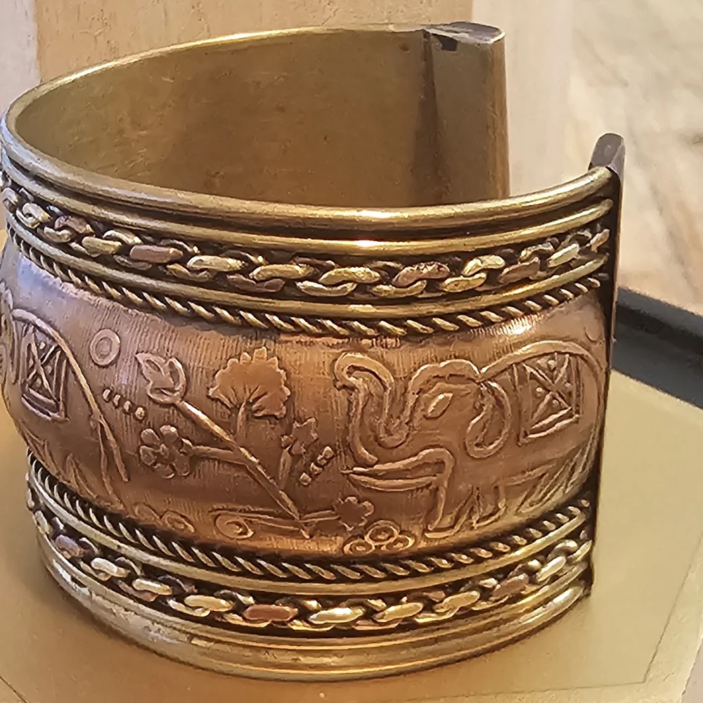 Vintage Brass Cuff India Cord Elephants Adjustable Tooled Large Bangle.